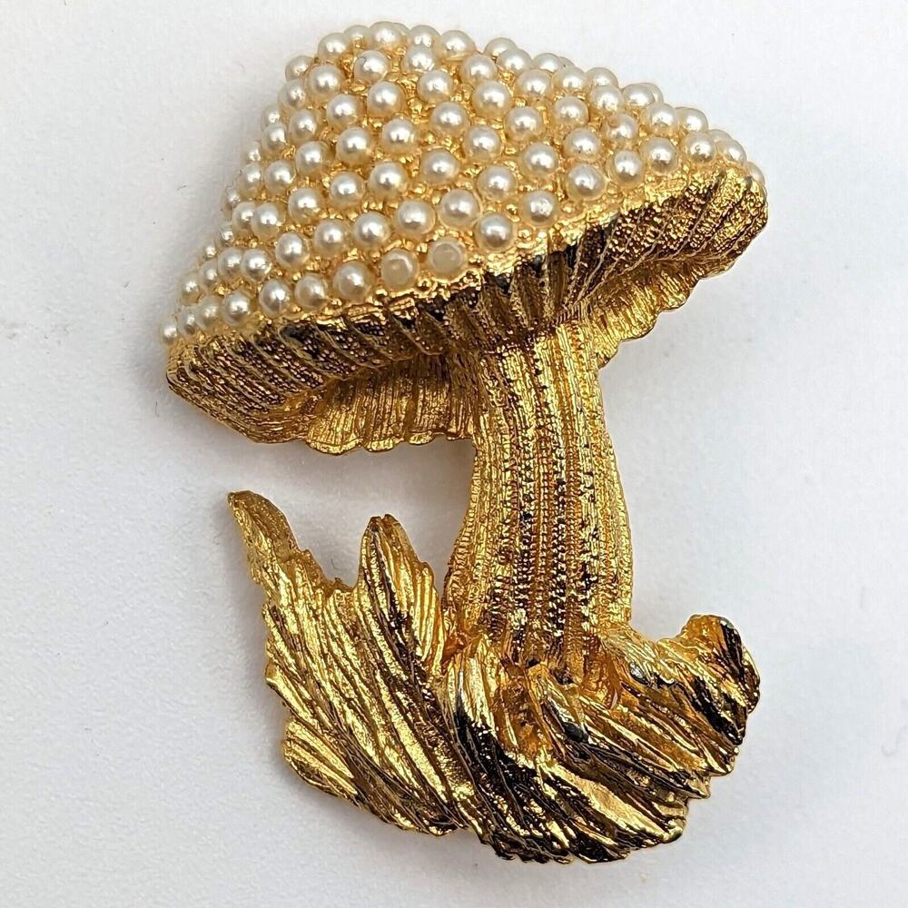 Vintage Hobe Mushroom Brooch Gold Tone Faux Pearl Mid Century Pin Signed